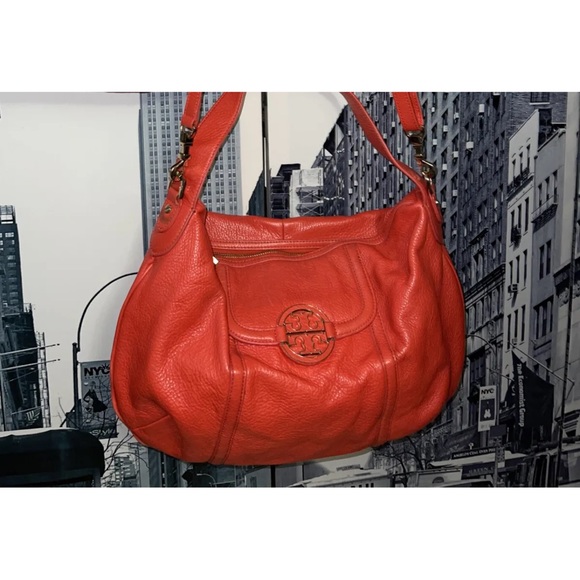 TORY BURCH BEACH AMANDA Orange Pebbled Leather Hobo Crossbody Bag - Picture 6 of 10